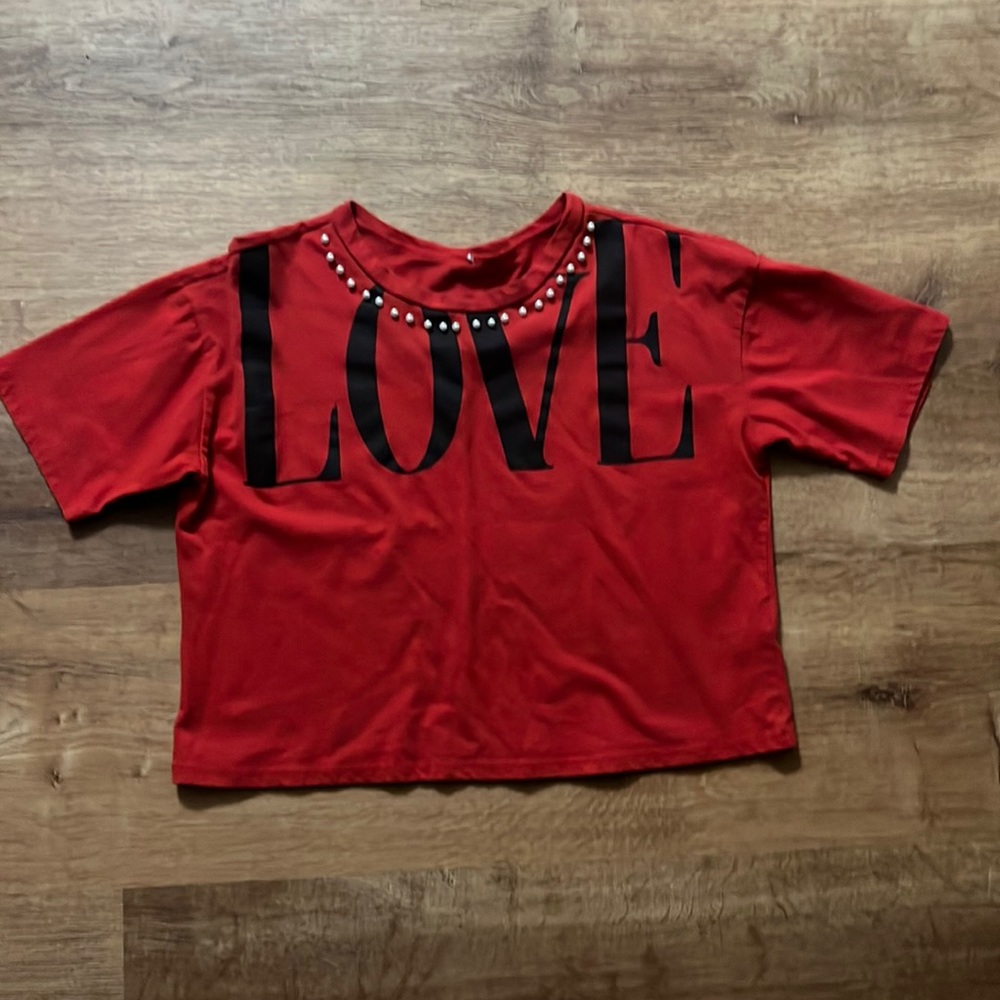 Cute red crop top, love embroidered, and pearls around neckline